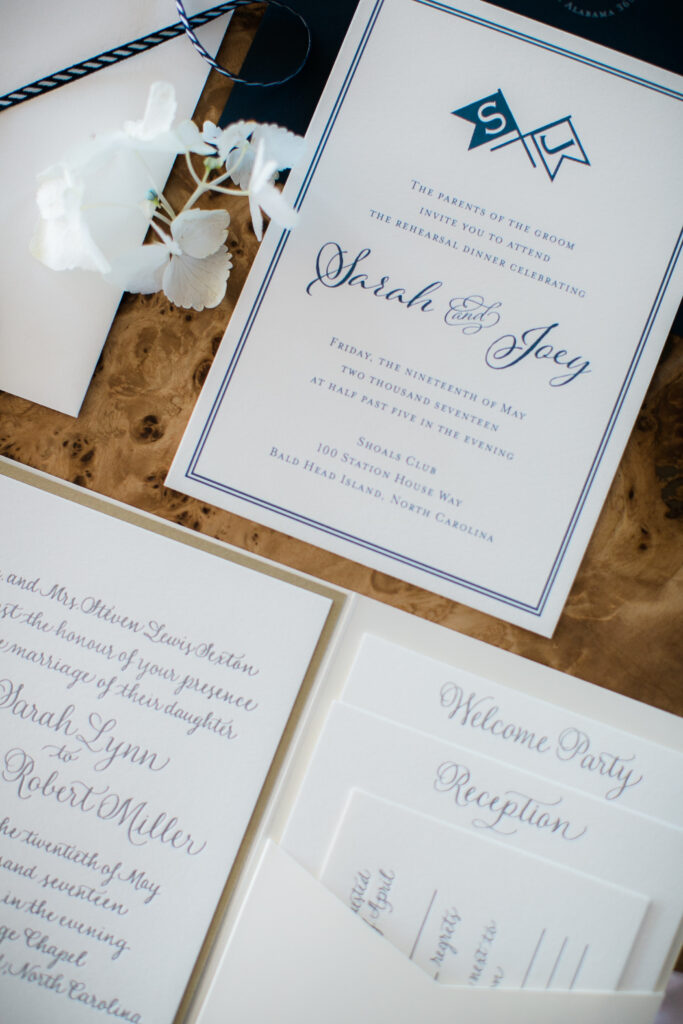 Wedding invitation designed for a wedding at the Bald Head Island Club