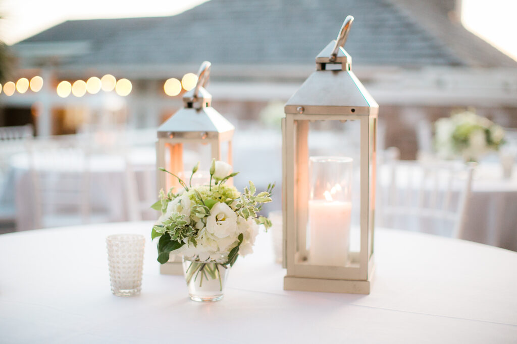 Table lanterns for cocktail hour at Bald Head Island Wedding.