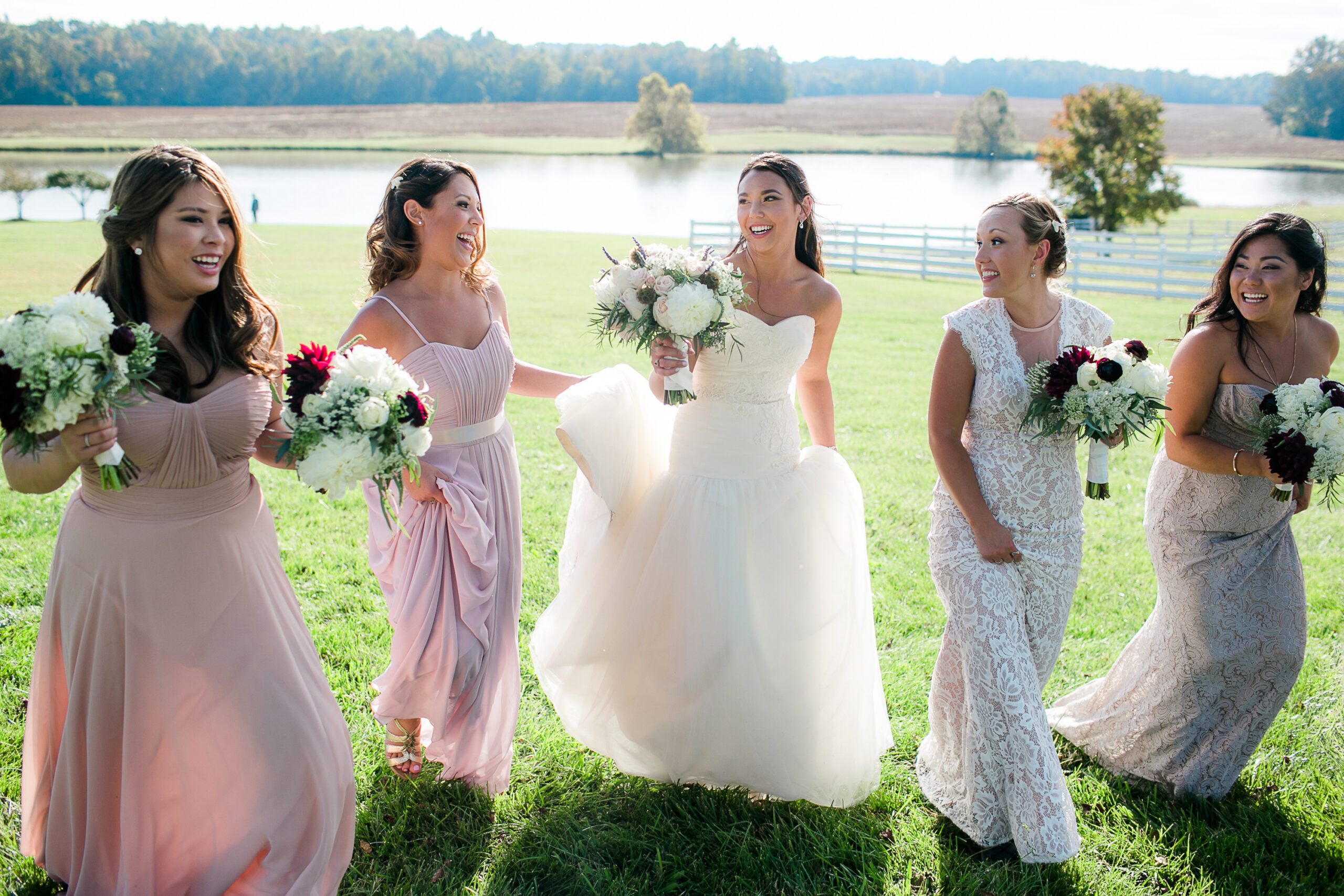 Bride enjoying her best friends while walking in Wilmington NC.