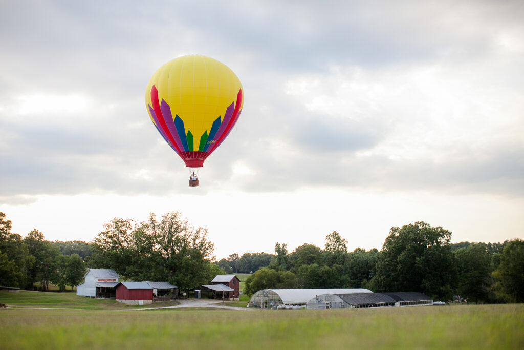 Up up and away.  Engaged couple floats off in a hot air balloon during their wilmington nc engagement session.