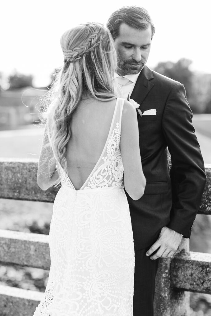 Bride and groom stand outside brooklyn arts center after their wedding.