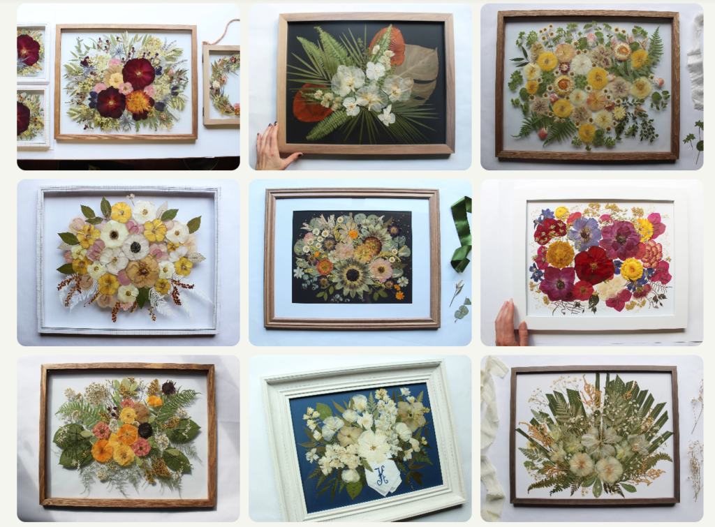 Photograph of wedding bouquets pressed to preserve the flowers in Wilmington NC.